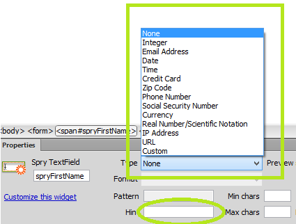 dreamweaver form validation types