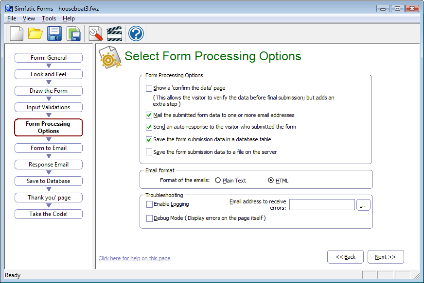 Select Form processing options